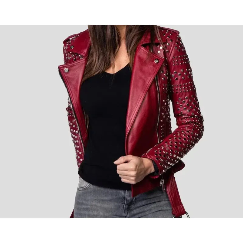 Women Burgundy Leather Studded Jacket