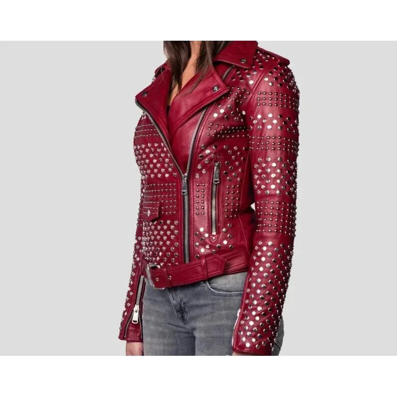 Women Burgundy Leather Studded Jacket