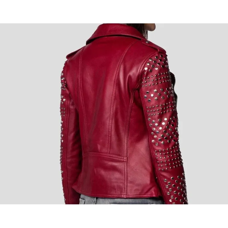 Women Burgundy Leather Studded Jacket