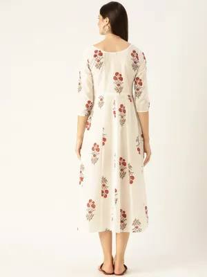 Women White Floral Printed Round Neck Cotton Fit And Flare Dress