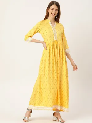 Women Yellow Floral Printed Mandarin Collar Viscose Rayon Fit And Flare Dress