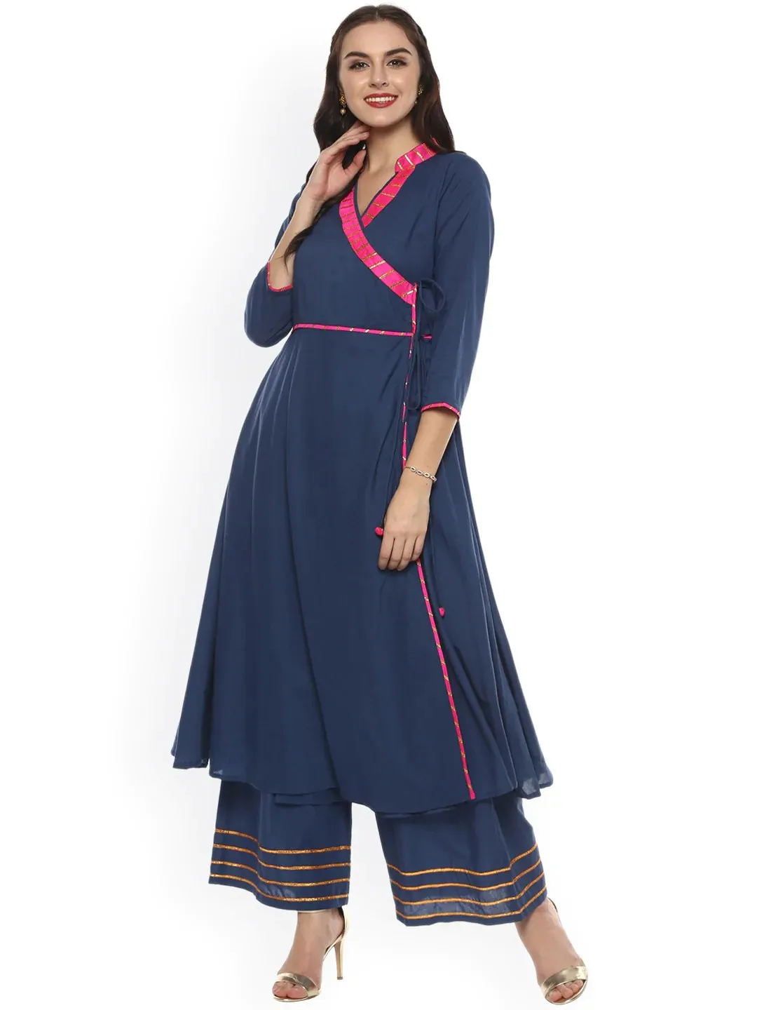 Women'S Blue Angrakha Kurta With Palazzos