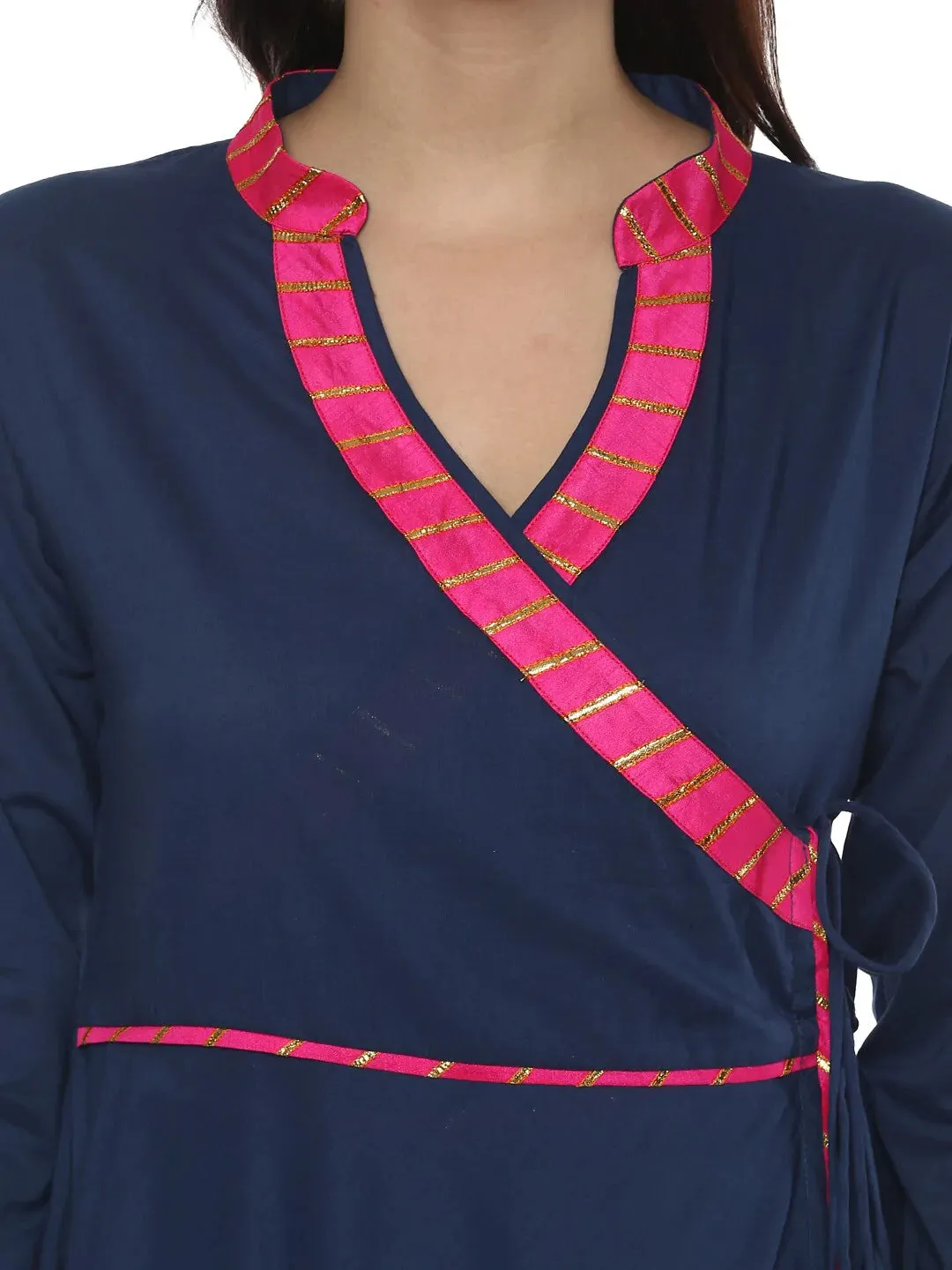 Women'S Blue Angrakha Kurta With Palazzos