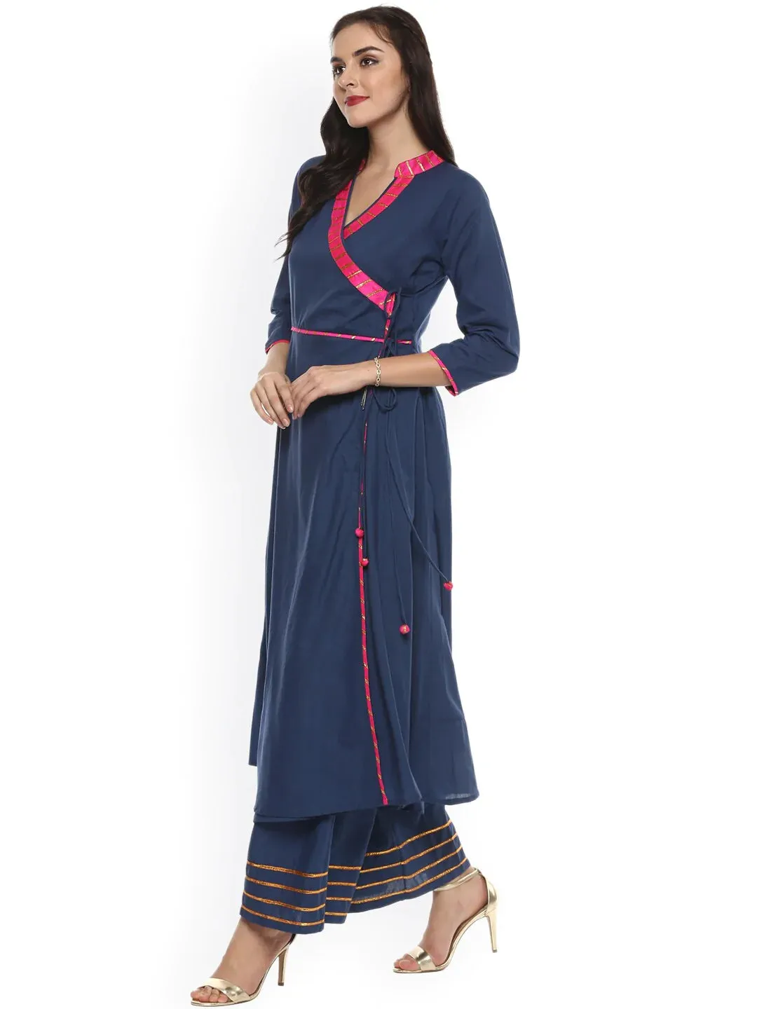 Women'S Blue Angrakha Kurta With Palazzos