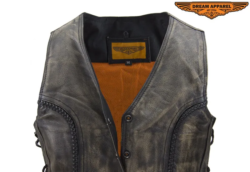 Womens Longer Cut Distressed Brown Cowhide Leather Motorcycle Vest