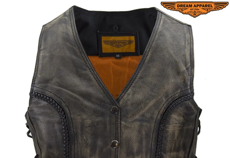 Womens Longer Cut Distressed Brown Cowhide Leather Motorcycle Vest