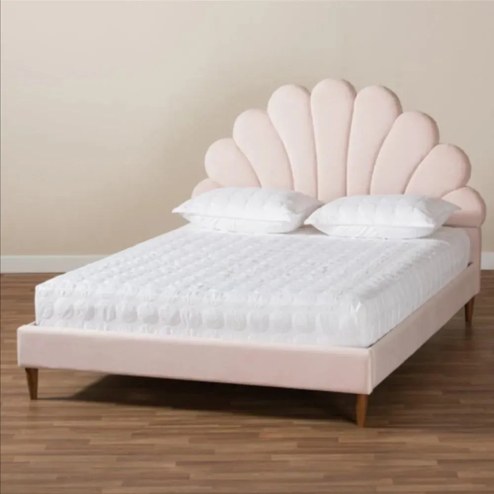 Wooden Twist Dazzling Modern Glam Velvet Upholstery Rectangular Bed ( Light Pink )