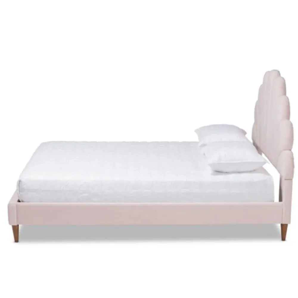 Wooden Twist Dazzling Modern Glam Velvet Upholstery Rectangular Bed ( Light Pink )